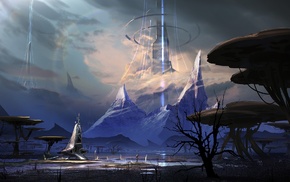 mountain, mushroom, artwork, futuristic, science fiction, digital art