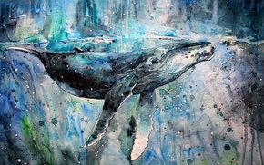 watercolor, whale, painting, artwork, paint splatter, animals