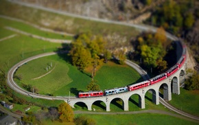 bridge, landscape, Switzerland, tilt shift, railway, arch