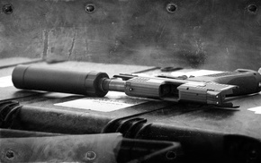 monochrome, gun
