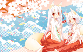 tail, miko, fox girl, shrine maidens, white hair, animal ears