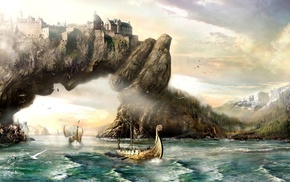 sunlight, boat, The Elder Scrolls V Skyrim, arch, painting, sea