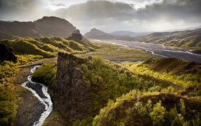 forest, Iceland, nature, river, hill, landscape