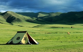 Mongolia, nature, tents, hill, field, steppe