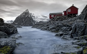 rock, landscape, clouds, Norway, wood, long exposure
