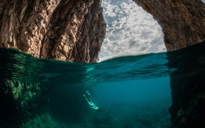 split view, nature, underwater, water, divers, rock