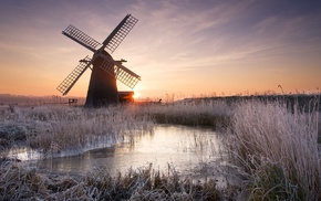 windmills, winter, sunset