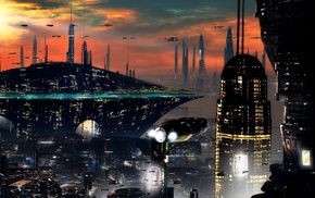 tower, futuristic, spaceship, cityscape, digital art, lights
