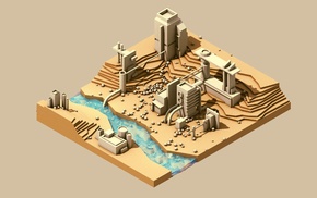 digital art, river, simple background, water, factories, 3D