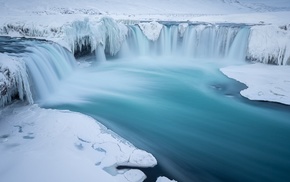landscape, river, ice, winter, nature, waterfall