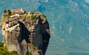 house, rock, Meteora, mountain, landscape, nature