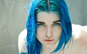 piercing, eyes, Yuxi Suicide, nose rings, blue hair