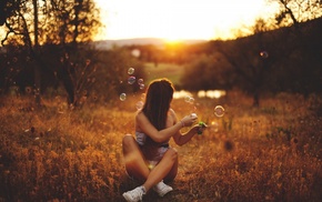 sunset, girl outdoors, bubbles