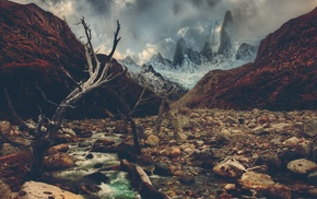 clouds, trees, river, rock