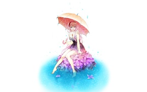 Vocaloid, umbrella, flowers, rain, Megurine Luka