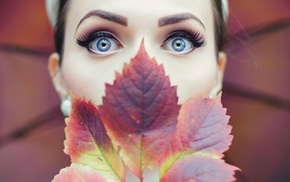 blue eyes, girl, leaves, face