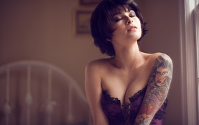 lingerie, girl, bedrooms, closed eyes, corsets, short hair