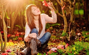 sitting, boots, trees, model, smiling, Asian