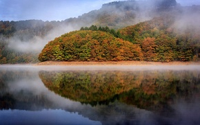 trees, water, mist, reflection, Luxemburg, hill