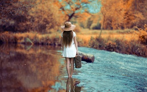 white dress, tree stump, girl outdoors, water, girl, reflection