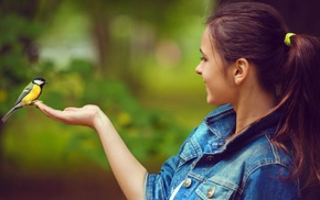 girl, birds, ponytail, brunette