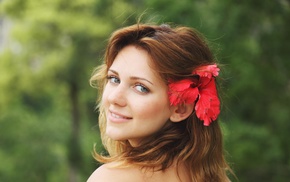 flower in hair, looking back, face, blue eyes, girl