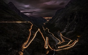 mountain, Norway, landscape, hairpin turns, lights, road