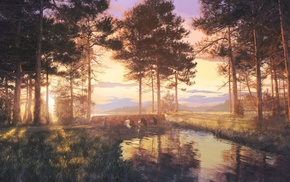 sunset, grass, bridge, forest, river, painting