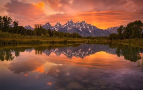 landscape, reflection, water, mountain, sunset, calm