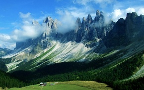 clouds, mountain, green, field, blue, forest