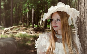 blue eyes, looking away, nature, white dress, forest, sheep