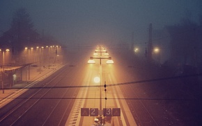 mist, fall, night, train station, warm colors