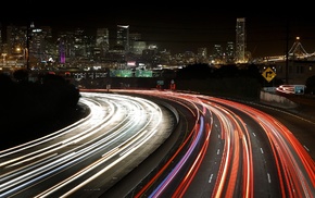 light trails, cityscape, road