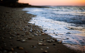 sea, pebbles, shoreline, beach, depth of field
