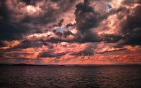 sea, overcast, sunset, clouds