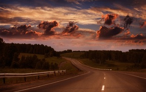 road, clouds, trees, sky