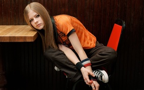 blonde, girl, Avril Lavigne, T, shirt, blue eyes