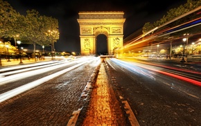 long exposure, road, light trails, Arc de Triomphe, Paris
