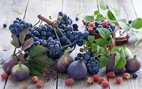 food, baskets, grapes, wooden surface