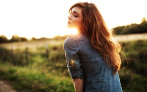 shirt, sunlight, long hair, depth of field, girl, girl outdoors
