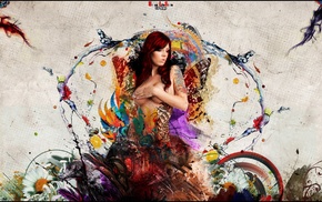 redhead, tattoo, digital art