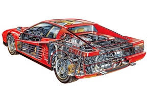 red cars, Ferrari Testarossa, gears, car, engines, wheels