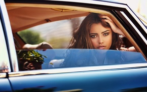 girl, brunette, girl with cars, looking at viewer, car