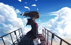 sky, heights, clouds, paper, school uniform, stairs