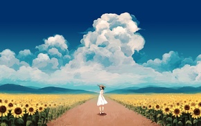 clouds, sunflowers, looking back, dress, anime girls