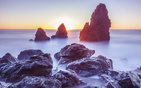 rock, sunset, clouds, landscape, water, mountain