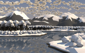 low poly, snow, reflection, nature, water, clouds