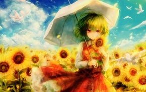 birds, anime girls, sunflowers, umbrella