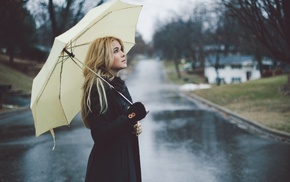 street, rain, umbrella, long hair, Lenay Dunn, girl