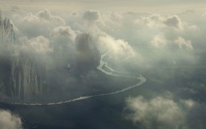 landscape, clouds, airships, fantasy art, digital art, artwork